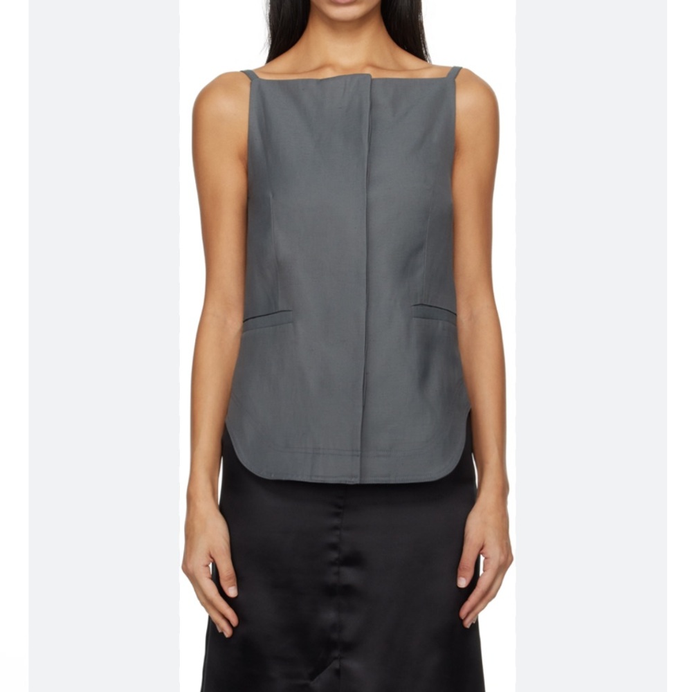 LouLou Studio Mihant Twill Boat Neck Covered Button Woven Tank Grey Vest $290